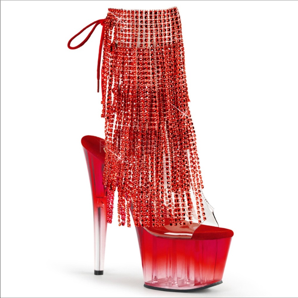 Red Platform Shoe Bootie with Rhinestone Fringe